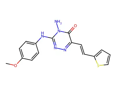 4-Amino-3-(4-methoxyanilino)-6-(2-thiophen-2-ylethenyl)-1,2,4-triazin-5-one structure