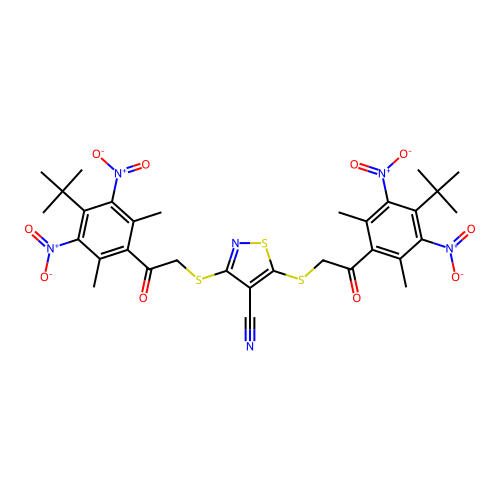 3,5-di({2-[4-(tert-butyl)-2,6-dimethyl-3,5-dinitrophenyl]-2-oxoethyl}thio)isothiazole-4-carbonitrile structure