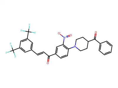 1-[4-(4-benzoylpiperidino)-3-nitrophenyl]-3-[3,5-di(trifluoromethyl)phenyl]prop-2-en-1-one structure