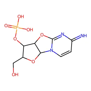 2-(Hydroxymethyl)-6-imino-2,3,3a,9a-tetrahydro-6H-furo(2',3':4,5)(1,3)oxazolo(3,2-a)pyrimidin-3-yl dihydrogen phosphate structure