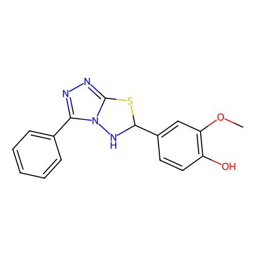 2-methoxy-4-(3-phenyl-5,6-dihydro-[1,2,4]triazolo[3,4-b][1,3,4]thiadiazol-6-yl)phenol structure