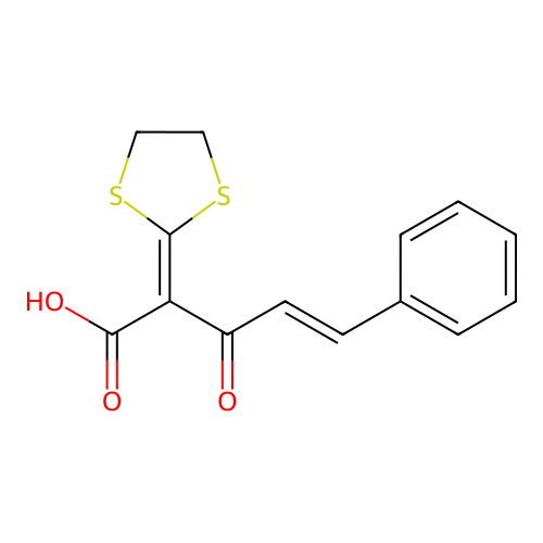 (E)-2-(1,3-dithiolan-2-ylidene)-3-oxo-5-phenylpent-4-enoic acid structure