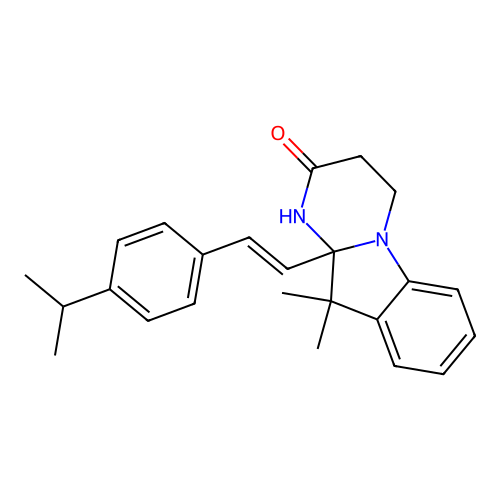 (E)-10a-(4-isopropylstyryl)-10,10-dimethyl-3,4,10,10a-tetrahydropyrimido[1,2-a]indol-2(1H)-one structure