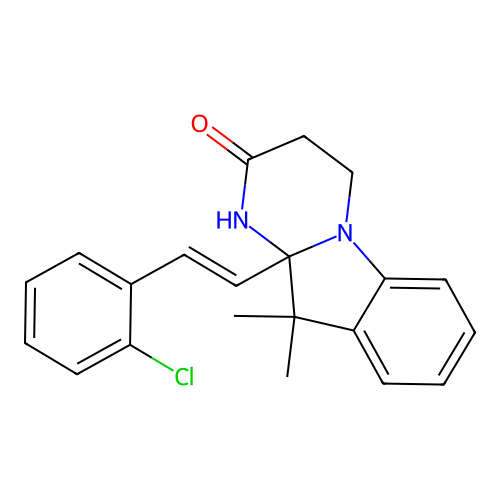 (E)-10a-(2-chlorostyryl)-10,10-dimethyl-3,4,10,10a-tetrahydropyrimido[1,2-a]indol-2(1H)-one structure