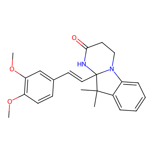 (E)-10a-(3,4-dimethoxystyryl)-10,10-dimethyl-3,4,10,10a-tetrahydropyrimido[1,2-a]indol-2(1H)-one structure