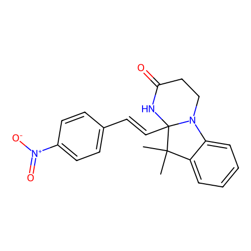 (E)-10,10-dimethyl-10a-(4-nitrostyryl)-3,4,10,10a-tetrahydropyrimido[1,2-a]indol-2(1H)-one structure