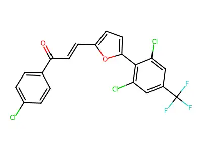1-(4-chlorophenyl)-3-{5-[2,6-dichloro-4-(trifluoromethyl)phenyl]-2-furyl}prop-2-en-1-one structure