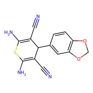 2,6-diamino-4-(1,3-benzodioxol-5-yl)-4H-thiopyran-3,5-dicarbonitrile structure