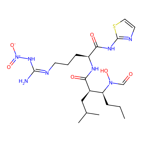 Hexanamide, 3-(formylhydroxyamino)-N-((1S)-4-((imino(nitroamino)methyl)amino)-1-((2-thiazolylamino)carbonyl)butyl)-2-(2-methylpropyl)-, (2R,3S)- structure