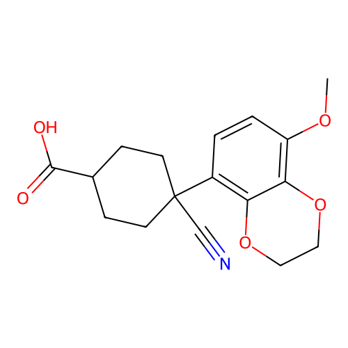 4-Cyano-4-(2,3-dihydro-8-methoxy-1,4-benzodioxin-5-yl)cyclohexanecarboxylic acid structure
