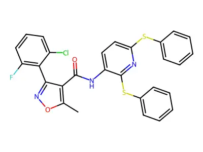 N-[2,6-bis(phenylsulfanyl)pyridin-3-yl]-3-(2-chloro-6-fluorophenyl)-5-methyl-1,2-oxazole-4-carboxamide structure