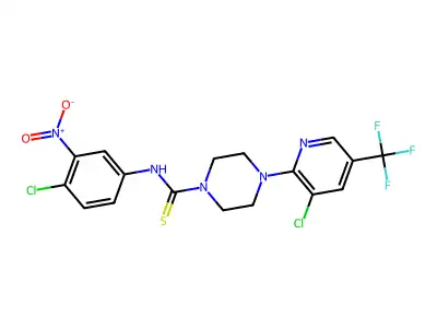 N-(4-chloro-3-nitrophenyl)-4-[3-chloro-5-(trifluoromethyl)pyridin-2-yl]piperazine-1-carbothioamide structure