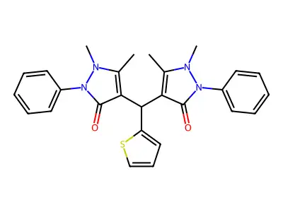 4,4'-(Thiophen-2-ylmethylene)bis(1,5-dimethyl-2-phenyl-1H-pyrazol-3(2H)-one) structure