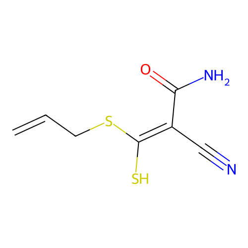2-Cyano-3-prop-2-enylsulfanyl-3-sulfanylprop-2-enamide structure