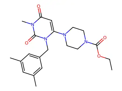 Ethyl 4-[3-[(3,5-dimethylphenyl)methyl]-1-methyl-2,6-dioxo-pyrimidin-4-yl]piperazine-1-carboxylate structure