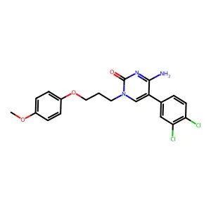 4-amino-5-(3,4-dichlorophenyl)-1-(3-(4-methoxy-phenoxy)propyl)pyrimidin-2(1H)-one structure