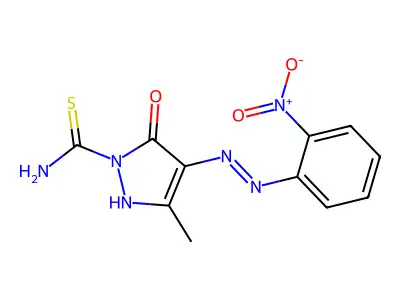 (4Z)-3-methyl-4-[2-(2-nitrophenyl)hydrazinylidene]-5-oxo-4,5-dihydro-1H-pyrazole-1-carbothioamide structure