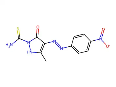3-methyl-4-(4-nitrophenyl)azo-5-oxo-4H-pyrazole-1-carbothioamide structure