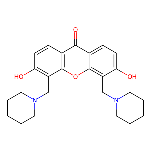 3,6-Dihydroxy-4,5-bis(piperidin-1-ylmethyl)xanthen-9-one structure