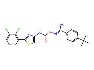 [(E)-[amino-(4-tert-butylphenyl)methylidene]amino] N-[2-(2,3-dichlorophenyl)-1,3-thiazol-4-yl]carbamate structure