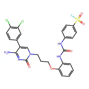 4-[[2-[3-[4-amino-5-(3,4-dichlorophenyl)-2-oxopyrimidin-1-yl]propoxy]phenyl]carbamoylamino]benzenesulfonyl fluoride structure