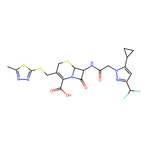 7-({[5-cyclopropyl-3-(difluoromethyl)-1H-pyrazol-1-yl]acetyl}amino)-3-{[(5-methyl-1,3,4-thiadiazol-2-yl)sulfanyl]methyl}-8-oxo-5-thia-1-azabicyclo[4.2.0]oct-2-ene-2-carboxylic acid structure