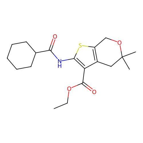 ethyl 2-(cyclohexanecarbonylamino)-5,5-dimethyl-4,7-dihydrothieno[2,3-c]pyran-3-carboxylate structure