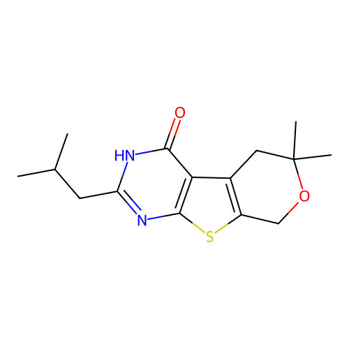2-isobutyl-6,6-dimethyl-5,6-dihydro-3H-pyrano[4',3':4,5]thieno[2,3-d]pyrimidin-4(8H)-one structure