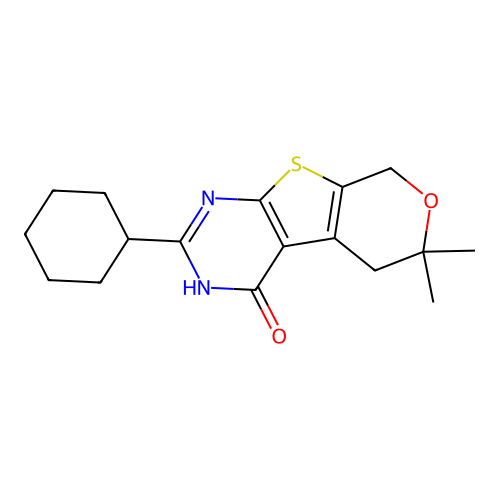 2-cyclohexyl-6,6-dimethyl-5,6-dihydro-3H-pyrano[4',3':4,5]thieno[2,3-d]pyrimidin-4(8H)-one structure