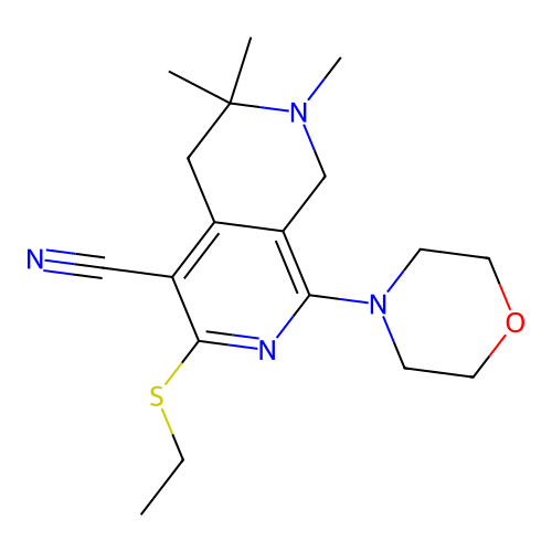 3-(ethylsulfanyl)-6,6,7-trimethyl-1-(4-morpholinyl)-5,6,7,8-tetrahydro[2,7]naphthyridine-4-carbonitrile structure