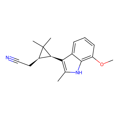 [(1R,3S)-3-(7-methoxy-2-methyl-1H-indol-3-yl)-2,2-dimethylcyclopropyl]acetonitrile structure
