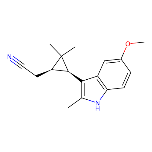 [(1R,3S)-3-(5-methoxy-2-methyl-1H-indol-3-yl)-2,2-dimethylcyclopropyl]acetonitrile structure