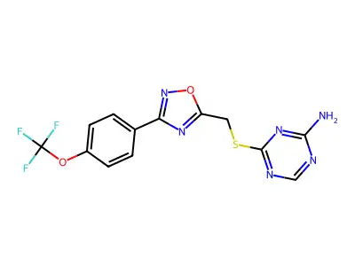 4-[({3-[4-(trifluoromethoxy)phenyl]-1,2,4-oxadiazol-5-yl}methyl)sulfanyl]-1,3,5-triazin-2-amine structure