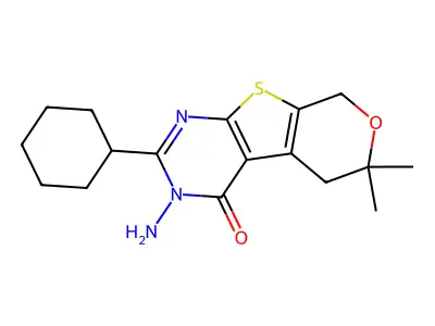 3-amino-2-cyclohexyl-6,6-dimethyl-3,5,6,8-tetrahydro-4H-pyrano[4',3':4,5]thieno[2,3-d]pyrimidin-4-one structure