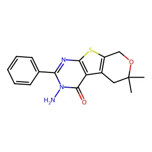 3-amino-6,6-dimethyl-2-phenyl-3,5,6,8-tetrahydro-4H-pyrano[4',3':4,5]thieno[2,3-d]pyrimidin-4-one structure