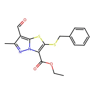 ethyl 2-(benzylsulfanyl)-7-formyl-6-methylpyrazolo[5,1-b][1,3]thiazole-3-carboxylate structure