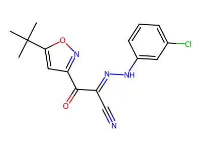 2-(5-tert-butyl-1,2-oxazol-3-yl)-N-(3-chloroanilino)-2-oxoethanimidoyl cyanide structure