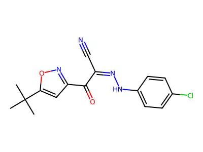 2-(5-tert-butyl-1,2-oxazol-3-yl)-N-(4-chloroanilino)-2-oxoethanimidoyl cyanide structure