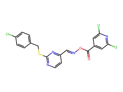 2-((4-Chlorobenzyl)thio)pyrimidine-4-carbaldehyde O-(2,6-dichloroisonicotinoyl) oxime structure