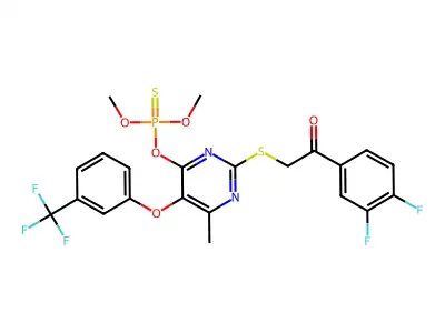 1-(3,4-difluorophenyl)-2-({4-[(dimethoxyphosphorothioyl)oxy]-6-methyl-5-[3-(trifluoromethyl)phenoxy]pyrimidin-2-yl}thio)ethan-1-one structure