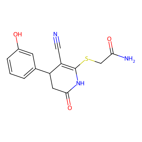 2-((3-cyano-4-(3-hydroxyphenyl)-6-oxo-1,4,5,6-tetrahydropyridin-2-yl)thio)acetamide structure