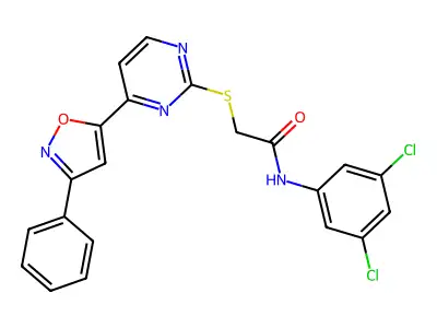 N-(3,5-dichlorophenyl)-2-[4-(3-phenyl-1,2-oxazol-5-yl)pyrimidin-2-yl]sulfanylacetamide structure