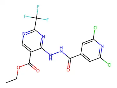 ethyl 4-{2-[(2,6-dichloro-4-pyridyl)carbonyl]hydrazino}-2-(trifluoromethyl)pyrimidine-5-carboxylate structure