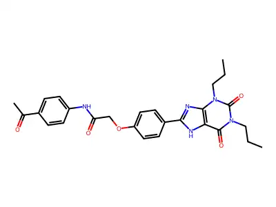 N-(4-acetylphenyl)-2-[4-(2,6-dioxo-1,3-dipropyl-7H-purin-8-yl)phenoxy]acetamide structure