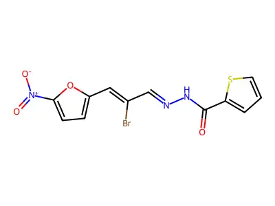 N-[[2-bromo-3-(5-nitrofuran-2-yl)prop-2-enylidene]amino]thiophene-2-carboxamide structure