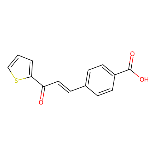 (E)-4-(3-oxo-3-(thiophen-2-yl)prop-1-en-1-yl)benzoic acid structure