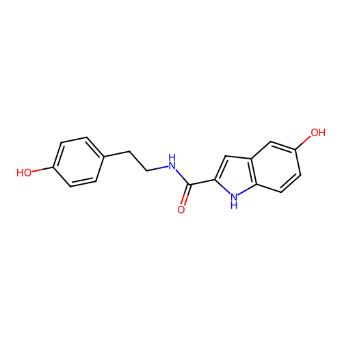 5-hydroxy-N-(4-hydroxyphenethyl)-1H-indole-2-carboxamide structure