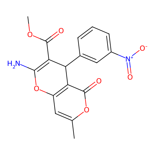 methyl 2-amino-7-methyl-4-(3-nitrophenyl)-5-oxo-4H-pyrano[3,2-c]pyran-3-carboxylate structure