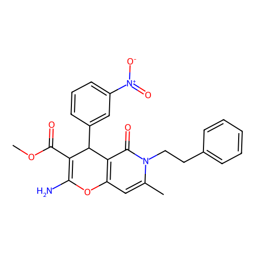 methyl 2-amino-7-methyl-4-(3-nitrophenyl)-5-oxo-6-(2-phenylethyl)-4H-pyrano[3,2-c]pyridine-3-carboxylate structure