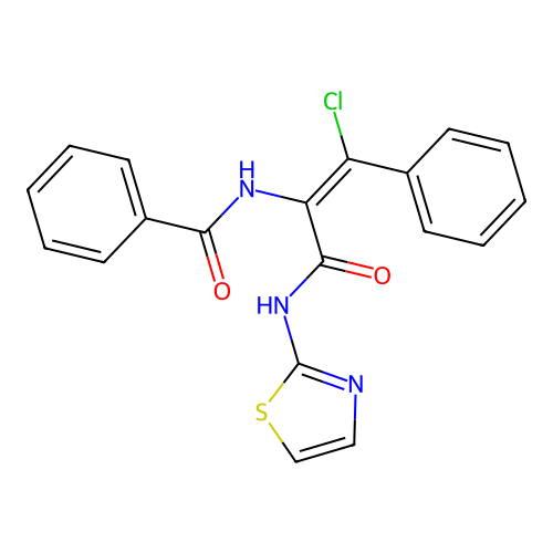 N-[(Z)-1-chloro-3-oxo-1-phenyl-3-(1,3-thiazol-2-ylamino)prop-1-en-2-yl]benzamide structure
